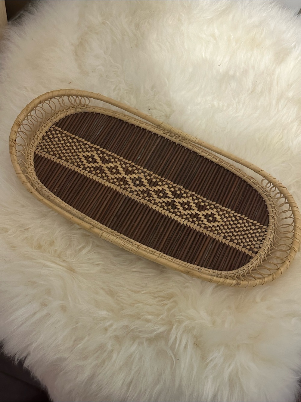 Woven Rattan Serving Tray - Natural and Brown oval woven wicker decorative tray